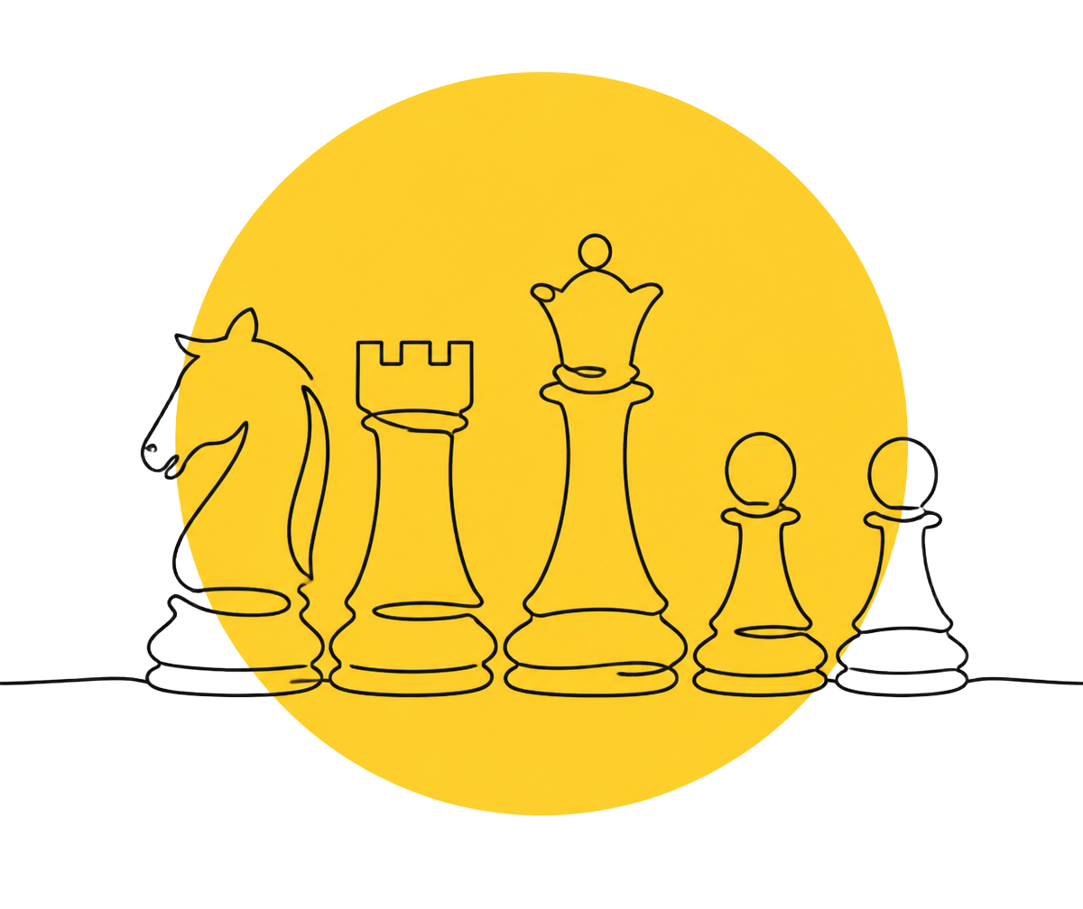 Line drawing of chess pieces in front of a yellow circle